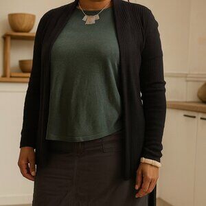 Belldini Long Black Ribbed Open-Front Cardigan – XL (Fits Like Large)